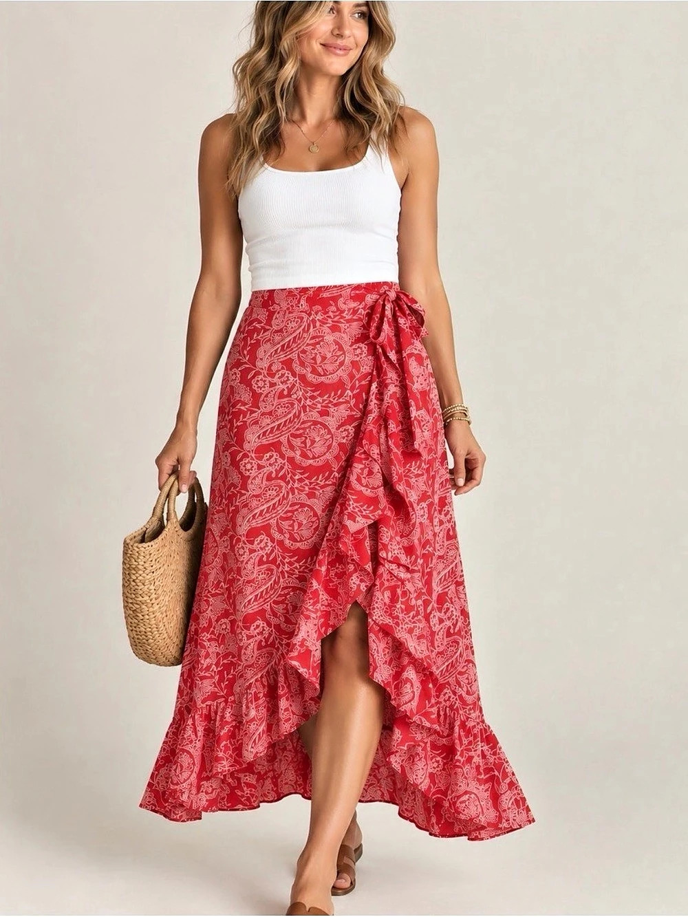 Universal Thread Red Paisley Faux Wrap Ruffle Maxi Skirt, S